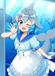 Rule 34 | 1girl, absurdres, adapted costume, alternate costume, apron, aqua hair, aquarium, blowhole, blue dress, blue eyes, blue hair, blush, cetacean tail, collarbone, commentary request, common bottlenose dolphin (kemono friends), dolphin girl, dorsal fin, dress, enmaided, fins, fish tail, frilled apron, frilled dress, frills, grey hair, highres, kemono friends, looking at viewer, maid, multicolored hair, neckerchief, one eye closed, sailor collar, sailor dress, shiraha maru, short hair, solo, tail, white apron, white hair, white neckerchief
