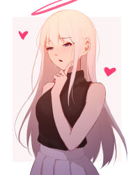 Rule 34 | 1girl, bare arms, bare shoulders, black sweater, blue eyes, blush, grey background, halo, hand up, heart, heart-shaped pupils, highres, index finger raised, long hair, nose blush, original, parted lips, pleated skirt, ribbed sweater, shimmer, skirt, sleeveless, sleeveless sweater, sleeveless turtleneck, solo, sweater, symbol-shaped pupils, turtleneck, two-tone background, very long hair, white background, white hair, white skirt