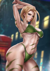 Rule 34 | 1girl, ahoge, arms up, artist name, blonde hair, blue eyes, blurry, blurry background, bodypaint, bow, breasts, cammy white, cowboy shot, dandon fuga, green bow, halterneck, highres, huge ahoge, large breasts, midriff, navel, short hair, solo, street fighter, street fighter 6
