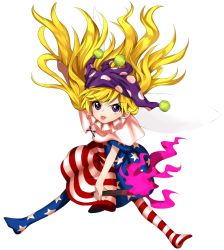 Rule 34 | 1girl, american flag dress, american flag legwear, blonde hair, blush, capelet, clownpiece, dress, fairy wings, fire, harukawa moe (style), hat, highres, holding, holding torch, jester cap, keiki8296, long hair, neck ruff, no shoes, pantyhose, polka dot, polka dot headwear, pom pom (clothes), purple eyes, purple fire, purple hat, simple background, star (symbol), star print, striped clothes, striped dress, tongue, tongue out, torch, touhou, v-shaped eyebrows, very long hair, white background, white capelet, wings