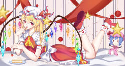Rule 34 | 1girl, absurdres, ascot, back bow, blonde hair, bow, breasts, cake, character doll, collarbone, collared shirt, crystal, eating, flandre scarlet, food, fork, frilled shirt collar, frilled skirt, frills, from side, fruit, full body, glowing, glowing wings, hat, hat ribbon, highres, holding, holding fork, large bow, looking at viewer, lying, mary janes, medium hair, mob cap, multicolored wings, on stomach, one side up, open mouth, plate, puffy short sleeves, puffy sleeves, red eyes, red footwear, red ribbon, red skirt, red vest, remilia scarlet, ribbon, ribbon-trimmed headwear, ribbon trim, shirt, shoe soles, shoes, short sleeves, skirt, sleeve ribbon, small breasts, socks, solo, strawberry, strawberry cake, striped background, the pose, touhou, vest, white bow, white hat, white socks, wings, yellow ascot, yoshitoki (kisshin)
