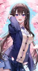 Rule 34 | 1girl, :d, absurdres, blazer, blue jacket, blue skirt, blush, brown hair, cherry blossoms, collared shirt, colored inner hair, day, dot nose, hair between eyes, hand in own hair, hand up, highres, jacket, long hair, moka 01, multicolored hair, necktie, open clothes, open jacket, open mouth, original, outdoors, pink hair, pleated skirt, purple eyes, school uniform, shirt, skirt, smile, solo, two-tone hair, very long hair, white shirt