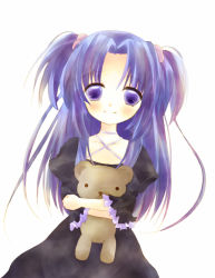 Rule 34 | 00s, 1girl, bad id, blue hair, clannad, dress, hair bobbles, hair ornament, hug, ichinose kotomi, kotori (chilly sky), long hair, purple eyes, solo, stuffed animal, stuffed toy, teddy bear, twintails, two side up, aged down