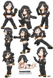 Rule 34 | absurdres, angry, bare legs, bare shoulders, barefoot, black footwear, black gloves, black hair, boots, breasts, burrito, chibi, cleavage, commission, cropped jacket, dual wielding, eating, fighting stance, flying kick, gloves, gun, handgun, high collar, highres, holding, holding gun, holding weapon, kesut4, kicking, looking at viewer, lying, medium breasts, midriff, on stomach, original, punching, sera (judgemint), shin guards, short hair, signature, skeb commission, smile, swimsuit, thank you, the pose, uppercut, weapon, white background, yellow eyes