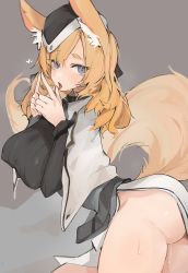 Rule 34 | 1girl, animal ear fluff, animal ears, arknights, black hat, blonde hair, blue eyes, breasts, garrison cap, grey background, hat, heart, highres, horse ears, horse girl, horse tail, large breasts, long hair, mikozin, open mouth, simple background, solo, sweat, tail, thick eyebrows, thighs, tongue, tongue out, whislash (arknights)