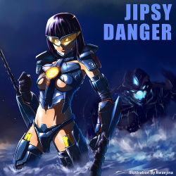 Rule 34 | 1girl, arm blade, armor, artist name, breasts, chain sword, character name, clenched hands, directed-energy weapon, dual wielding, elbow gloves, energy cannon, energy weapon, gd6 chain sword, giant, giantess, gloves, holding, jaeger (pacific rim), kaijuu, kwaejina, leatherback, legendary pictures, mecha musume, midriff, misspelled name, navel, pacific rim, pan pacific defense corps, personification, purple hair, safety glasses, short hair, solo focus, sword, tinted eyewear, typo, underboob, visor, wading, weapon, wet, whip, whip sword, wrist blades, yellow-tinted eyewear