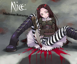 Rule 34 | 1girl, alice: madness returns, alice (alice in wonderland), alice in wonderland, alice liddell (american mcgee&#039;s alice), alternate costume, american mcgee&#039;s alice, american mcgee's alice, belt, blood, boots, brown hair, corset, fingerless gloves, gloves, green eyes, image sample, knife, nail polish, nakamura tetsuya, pantyhose, sitting, solo, spread legs, striped clothes, striped pantyhose
