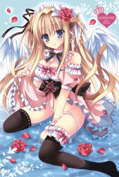 Rule 34 | 1girl, :d, animal ears, arm garter, babydoll, bare shoulders, black thighhighs, blonde hair, blue eyes, blush, breasts, cat ears, cat tail, cleavage, clothes lift, corset, crown, detached collar, dress, dress lift, fake animal ears, flower, frills, hair ornament, hairband, heart, kirishima riona, large breasts, long hair, looking at viewer, open mouth, original, panties, parted lips, rose, sitting, skirt, skirt lift, smile, solo, tail, thighhighs, underbust, underwear, wariza, water, wings