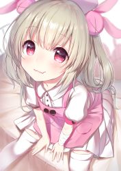 Rule 34 | 1girl, :3, apron, bandaged arm, bandages, bed sheet, blush, commentary request, fang, feet out of frame, hat, heart, highres, light brown hair, long hair, looking at viewer, natori sana, nurse cap, on bed, pink apron, pink eyes, plaid, plaid skirt, pleated skirt, puffy short sleeves, puffy sleeves, sana channel, shirt, short sleeves, sitting, skirt, smile, solo, thighhighs, topia, two side up, v arms, virtual youtuber, white skirt, white thighhighs