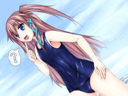 Rule 34 | 1girl, :d, ?, blue eyes, blush, brown hair, cowboy shot, dutch angle, hair ornament, hairpin, highres, long hair, one-piece swimsuit, open mouth, original, school swimsuit, shiny clothes, smile, solo, spe (a-spex), speech bubble, spoken question mark, standing, swimsuit, tongue, tongue out