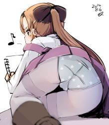 Rule 34 | 10s, 1girl, akigumo (kancolle), ass, blue panties, blurry, bow, brown hair, dated, depth of field, from behind, green eyes, hair bow, kantai collection, long hair, lying, momo (higanbana and girl), musical note, on stomach, panties, panties over pantyhose, pantyhose, ponytail, sketchbook, skirt, solo, star (symbol), star print, thigh gap, thighband pantyhose, underwear, white background, white pantyhose