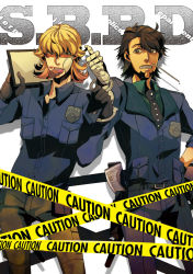 Rule 34 | 10s, 2boys, bad id, bad pixiv id, bandages, barnaby brooks jr., blonde hair, brown eyes, brown hair, caution tape, facial hair, food, glasses, green eyes, kaburagi t. kotetsu, male focus, mouth hold, multiple boys, necktie, police, police badge, police uniform, rakko (16 44), short hair, stubble, thumbs up, tiger &amp; bunny, uniform, white background