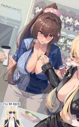 Rule 34 | 2girls, absurdres, barcode scanner, belt, between breasts, black belt, black skirt, blonde hair, blush, breasts, brown eyes, brown hair, can, cashier, center opening, character doll, cleavage, convenience store, counter, cropped jacket, employee uniform, flower, food, grey pants, hair flower, hair ornament, high ponytail, highres, himeyamato, holding, holding can, iowa (kancolle), jacket, kantai collection, kongou (kancolle), large breasts, lawson, leather, leather jacket, long hair, long sleeves, microwave, midriff, miniskirt, multiple girls, no bra, open mouth, pants, pantyhose, partially unbuttoned, partially unzipped, pocky, revision, scrunchie, sexual harassment, shelf, shigure (kancolle), shigure kai san (kancolle), shirt, shop, short sleeves, sidelocks, skirt, slap mark, slap mark on face, sleeves past wrists, source quote, store clerk, striped clothes, striped shirt, sunglasses, terminator (series), the terminator, uniform, vertical-striped clothes, vertical-striped shirt, white scrunchie, yamato (kancolle), yukikaze (kancolle), yukikaze kai ni (kancolle), yuri