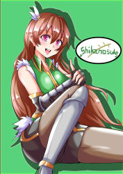 Rule 34 | 1boy, absurdres, androgynous, ass, bare shoulders, blush, bodysuit, brown hair, green background, hair ornament, highres, long hair, looking at viewer, open mouth, pink eyes, shiny clothes, shiny skin, simple background, sitting, solo, taimanin (series), taimanin rpgx, tanaka ag, thighs, trap, uehara shikanosuke, upper body, very long hair