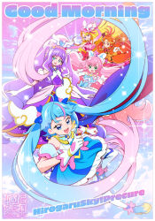 Rule 34 | 1boy, 4girls, :d, ahoge, aqua eyes, artist logo, blonde hair, blue dress, blue eyes, blue hair, bow, braid, choker, commentary request, copyright name, cure butterfly, cure majesty, cure prism, cure sky, cure wing, dress, earrings, ellee-chan, english text, eyelashes, gloves, good morning, gradient background, gradient hair, green eyes, hair bow, hair ornament, happy, hat, highres, hijiri ageha, hirogaru sky! precure, jewelry, kamikita futago, long hair, looking at viewer, low ponytail, magical boy, magical girl, multicolored hair, multiple girls, nijigaoka mashiro, open mouth, orange eyes, orange gloves, orange hair, pink hair, ponytail, precure, purple eyes, purple hair, single braid, smile, sora harewataru, stamp mark, streaked hair, thighhighs, thighs, twintails, two-tone hair, very long hair, white bow, white dress, white gloves, yuunagi tsubasa