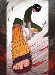 Rule 34 | 1boy, bandaged arm, bandaged hand, bandages, belt, black hair, blunt bangs, blunt ends, bodysuit, bowl cut, dragon, eastern dragon, falling leaves, feet, foot focus, foreshortening, full body, green bodysuit, highres, leaf, leg warmers, long sleeves, looking at viewer, lunging, male focus, mochi mochi island, naruto (series), on one knee, perspective, pillarboxed, red belt, rock lee, sandals, short hair, solo, thick eyebrows, toeless footwear, turtleneck, weights, wide-eyed