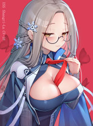 Rule 34 | 1girl, absurdres, artist logo, azur lane, blue cloak, blush, braid, breasts, bug, butterfly, character name, cleavage, cloak, closed mouth, collared dress, commentary, covered erect nipples, dress, glasses, grey-framed eyewear, grey hair, hair ornament, highres, insect, jean.organ, large breasts, long hair, long sleeves, looking at viewer, necktie, neckwear between breasts, neckwear grab, parted bangs, red background, red necktie, ribbed sleeves, semi-rimless eyewear, shangri-la (azur lane), sidelocks, simple background, smile, snowflake hair ornament, solo, standing, upper body