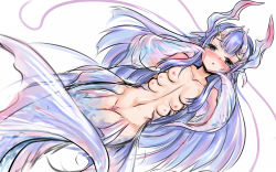 Rule 34 | 1girl, blue eyes, blue hair, blush, breasts, clitoris, collarbone, eatbara, extra breasts, female focus, fins, highres, long hair, looking at viewer, matching hair/eyes, mermaid, monster girl, navel, nipples, nude, original, parted lips, pussy, simple background, small breasts, solo, uncensored, white background