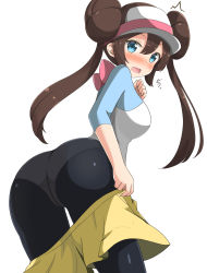 Rule 34 | 1girl, absurdres, aikawa ryou, black pantyhose, blue eyes, blush, brown hair, clothes pull, creatures (company), double bun, game freak, hair bun, highres, looking at viewer, looking back, nintendo, panties, pantyhose, pokemon, pokemon bw2, rosa (pokemon), see-through, short shorts, shorts, shorts pull, solo, underwear