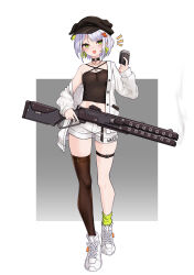 Rule 34 | .live, 1girl, absurdres, belt, black hat, blue eyes, blush, casual, character request, earrings, full body, green eyes, gun, hair ornament, hat, highres, jacket, jewelry, looking at viewer, magazine (weapon), midriff, necklace, shoes, shorts, shotgun, single thighhigh, solo, thighhighs, virtual youtuber, voizerick, weapon, white background