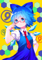 Rule 34 | 1girl, adjusting eyewear, bespectacled, blue bow, blue dress, blue eyes, blue hair, bow, circled 9, cirno, commentary request, dress, fairy, glasses, hair bow, hand up, hexagon, ice, ice wings, necktie, puffy short sleeves, puffy sleeves, red necktie, shirt, short hair, short sleeves, smile, solo, touhou, upper body, white shirt, wings, yuujin (mhhnp306), yuujin (yuzinn333)