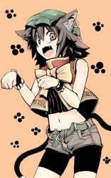 Rule 34 | 1girl, alternate costume, animal ears, bike shorts, brown eyes, brown hair, cat ears, cat girl, cat tail, chen, contemporary, earrings, fang, female focus, hat, jewelry, midriff, morino hon, multiple tails, short hair, shorts, solo, tail, touhou, wrist cuffs