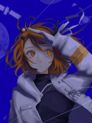 Rule 34 | 1girl, a.i. voice, adachi rei, arm up, black shirt, blue background, closed mouth, commentary, expressionless, floating hair, frown, gloves, headlamp, headset, jacket, long sleeves, looking to the side, looking up, medium hair, one side up, open clothes, open jacket, orange eyes, orange hair, planet, radio antenna, s uibo2, satellite, shading eyes, shirt, simple background, solo, turtleneck, upper body, utau, white gloves, wind, wind lift