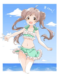 Rule 34 | 1girl, :d, ahoge, armpit crease, bare arms, bare shoulders, bikini, bikini skirt, blue sky, blush, border, bow, braid, braided bun, breasts, brown hair, cloud, collarbone, commentary request, cropped legs, day, double bun, floating hair, frilled bikini top, frilled skirt, frills, gluteal fold, goma konbu, green bikini, green bow, green skirt, hair bun, hakozaki serika, highres, idolmaster, idolmaster million live!, lone nape hair, long hair, looking at viewer, miniskirt, navel, ocean, open mouth, orange eyes, outdoors, outside border, outstretched arms, panty straps, polka dot, polka dot bikini, polka dot skirt, raised eyebrows, skindentation, skirt, sky, small breasts, smile, solo, standing, stomach, swept bangs, swimsuit, thigh gap, thighs, translation request, two side up, v, very long hair, wading, wet, white border, white bow