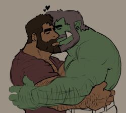 Rule 34 | 2boys, bara, beard, brown hair, chest hair, closed eyes, colored skin, couple, dark-skinned male, dark skin, eye contact, facial hair, full beard, green skin, grey hair, hairy, heart, highres, interspecies, kiss, light blush, looking at another, loving aura, male focus, mature male, monster boy, multiple boys, muscular, muscular male, open clothes, open shirt, orc, original, pointy ears, profile, short hair, smile, softbeef, solid oval eyes, thick arm hair, thick beard, thick eyebrows, thick navel hair, tusks, upper body, yaoi