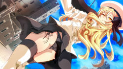 Rule 34 | 1girl, ass, black panties, black ribbon, black skirt, blonde hair, blue sky, closed mouth, day, dutch angle, floating hair, game cg, hat, hat ribbon, highres, instrument, long hair, long sleeves, looking back, midori (x-overd), music, official art, outdoors, panties, playing instrument, ribbon, shirt, side-tie panties, skirt, sky, solo, standing, thighhighs, underwear, very long hair, violin, white hat, white shirt, white thighhighs, x-overd, yellow eyes