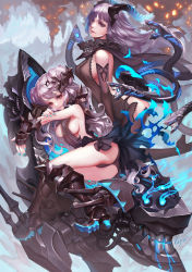 Rule 34 | 10s, 2girls, abyssal ship, aqua nails, armor, ass, breasts, brown eyes, cameltoe, cape, covered erect nipples, double bun, greaves, gyworz, hair ornament, hair over one eye, highres, horns, kantai collection, light purple hair, long hair, looking at viewer, multiple girls, nail polish, original, wavy hair