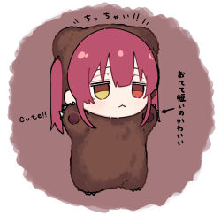 Rule 34 | !, !!, 1girl, :&lt;, animal costume, arrow (symbol), bear costume, brown background, claws, closed mouth, commentary request, english text, hair between eyes, heterochromia, highres, hololive, houshou kumarine, houshou marine, low twintails, red eyes, red hair, round image, simple background, standing, translated, twintails, virtual youtuber, white background, yellow eyes, yuzuyukiha