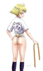 Rule 34 | 1girl, absurdres, ass, blonde hair, blush, brown eyes, closed mouth, erwin (girls und panzer), fundoshi, girls und panzer, hand on own hip, highres, hiyama yuu (wee259hiyama), holding, holding rope, japanese clothes, looking at viewer, mizu happi, rope, shiny skin, short hair, simple background, solo, standing, white background
