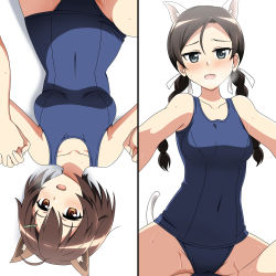 Rule 34 | 2girls, ahoge, animal ear fluff, animal ears, black hair, blue eyes, blue one-piece swimsuit, blush, braid, brave witches, breasts, brown hair, cameltoe, cat ears, cat tail, clothed sex, collarbone, covered navel, embarrassed, freckles, girl on top, groin, hair between eyes, hair ornament, hairclip, highres, hiraizumi (mugenkidousha), holding hands, implied yuri, interlocked fingers, karibuchi hikari, looking at viewer, medium breasts, misumi miya, multiple girls, multiple views, one-piece swimsuit, open mouth, parted bangs, short hair, simple background, small breasts, smile, spread legs, squirrel ears, swept bangs, swimsuit, tail, tribadism, tribadism through clothes, twin braids, twintails, white background, wide hips, world witches series, yuri