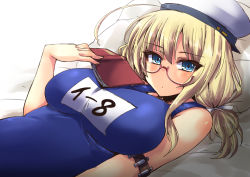 Rule 34 | 10s, 1girl, ahoge, armband, bare shoulders, blonde hair, blue eyes, blue one-piece swimsuit, blush, book, breasts, glasses, hair ribbon, hat, holding, holding book, i-8 (kancolle), kantai collection, large breasts, looking at viewer, low twintails, lying, name tag, on back, one-piece swimsuit, open book, peaked cap, pillow, red-framed eyewear, ribbon, sailor hat, school swimsuit, semi-rimless eyewear, shinshin, solo, swimsuit, twintails, under-rim eyewear, white hat