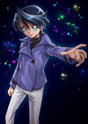 Rule 34 | 1girl, blue background, blue eyes, blue hair, blue jacket, closed mouth, hair between eyes, highres, jacket, kirakira precure a la mode, kuroki rio, long sleeves, looking at viewer, male focus, outstretched arm, pants, precure, sharumon, shirt, smile, solo, spiked hair, standing, swept bangs, turtleneck, v-shaped eyebrows, white pants