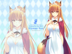 Rule 34 | 1girl, animal ears, breasts, brown eyes, brown hair, character name, checkered background, cleavage, company name, copyright name, copyright notice, dress, english text, fox ears, fox girl, fox tail, highres, large breasts, looking at viewer, miyama kon, mole, official art, otomimi infinity, solo, standing, tail, tiara, wallpaper, yasaka minato