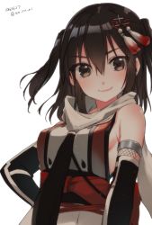 Rule 34 | 10s, 1girl, 2016, artist name, black gloves, black hair, black neckerchief, blush, breasts, brown hair, buttons, closed mouth, dated, double-breasted, elbow gloves, fishnets, gloves, hair between eyes, hair ornament, hairpin, kantai collection, koruri, looking at viewer, medium breasts, neckerchief, pink lips, red shirt, revision, scarf, school uniform, sendai (kancolle), sendai kai ni (kancolle), serafuku, shirt, short hair, short twintails, sideboob, simple background, sleeveless, sleeveless shirt, smile, solo, tassel, twintails, two side up, upper body, white background, white scarf