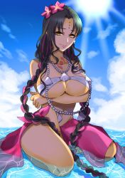 Rule 34 | 1girl, absurdres, bare shoulders, bikini, black hair, blue sky, bracelet, braid, breasts, chest tattoo, cleavage, closed mouth, facial mark, fate/grand order, fate (series), flower, forehead mark, hair flower, hair ornament, highres, jewelry, large breasts, long hair, looking at viewer, multicolored hair, navel, necklace, ocean, parted bangs, pearl bracelet, pearl necklace, pink hair, sakurada akira, sarong, sessyoin kiara, sessyoin kiara (swimsuit mooncancer), sessyoin kiara (swimsuit mooncancer) (first ascension), shell, shell necklace, shore, sky, smile, streaked hair, sun, sunlight, swimsuit, tattoo, thighs, twin braids, underboob, very long hair, white bikini, yellow eyes