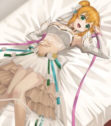 Rule 34 | 1girl, absurdres, bed, commission, fire emblem, fire emblem: the binding blade, fire emblem heroes, green eyes, highres, larum (bridal) (fire emblem), larum (fire emblem), lying, nintendo, official alternate costume, open mouth, orange hair, rourou ill, skeb commission, smile, solo, thighs