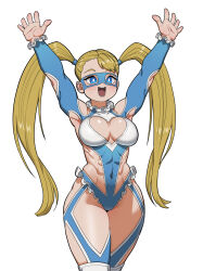 Rule 34 | 1girl, abs, blonde hair, blue eyes, blue leotard, breasts, clothing cutout, cowboy shot, domino mask, elbow cutout, frills, hair pulled back, heart cutout, highres, large breasts, leotard, long hair, mask, open mouth, rainbow mika, shoulder cutout, simple background, sincostan0148, smile, solo, standing, street fighter, street fighter v, toned, twintails, white background, wrestler, wrestling mask, wrestling outfit