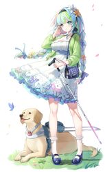 Rule 34 | 1girl, absurdres, bag, black footwear, black hairband, blue hair, blue ribbon, blush, braid, breasts, bug, butterfly, cane, closed mouth, commentary, dog, dress, earrings, faux figurine, flower, frilled socks, frills, full body, grass, green eyes, green hair, green jacket, guide dog, hair flower, hair ornament, hair ribbon, hairband, hand up, highres, holding, insect, jacket, jewelry, large breasts, lerome, long hair, long sleeves, looking afar, mary janes, multicolored hair, official art, open clothes, open jacket, petals, pink hair, pleated dress, purple flower, purple ribbon, red flower, ribbon, riichi city, ring, saotome yurika (riichi city), shoes, shoulder bag, simple background, single sidelock, smile, socks, solo, standing, twin braids, white background, white cane, white dress, white flower, white socks, yellow flower