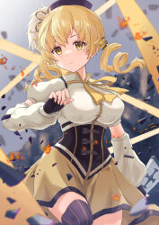Rule 34 | 1girl, belt, black corset, black gloves, black headwear, black thighhighs, blonde hair, breasts, closed mouth, commentary, corset, detached sleeves, drill hair, fingerless gloves, gloves, gun, hair ornament, hand up, high collar, highres, large breasts, long sleeves, looking at viewer, magical girl, magical musket, mahou shoujo madoka magica, mahou shoujo madoka magica (anime), medium hair, neck ribbon, nushiya (ayihsem), puffy short sleeves, puffy sleeves, ribbon, short sleeves, skirt, solo, striped clothes, striped thighhighs, thighhighs, tomoe mami, twin drills, twintails, upper body, vertical-striped clothes, vertical-striped thighhighs, weapon, yellow eyes, yellow ribbon, yellow skirt, zettai ryouiki