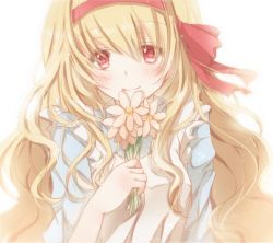 Rule 34 | 1girl, bad id, bad pixiv id, blonde hair, close-up, flower, hairband, hiro (hirohiro31), holding, kagerou project, kozakura marry, long hair, looking at viewer, red eyes, solo