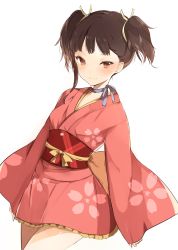 Rule 34 | 10s, 1girl, brown hair, choker, floral print, hair ribbon, japanese clothes, kimono, koutetsujou no kabaneri, long sleeves, looking at viewer, lpip, mumei (kabaneri), obi, red eyes, ribbon, ribbon choker, sash, short hair, short kimono, short twintails, sleeves past wrists, smile, solo, twintails