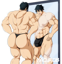 Rule 34 | 1boy, abs, ass, bara, black hair, bulge, closed eyes, dumbbell nan kilo moteru?, happy, highres, huge ass, huge nipples, huge testicles, machio naruzou, male focus, mirror, muscular, navel, nipples, open mouth, pectorals, penis, short hair, simple background, smile, smiley face, solo, standing, teeth, testicles, thick thighs, thighs, thong, tongue, topless male, underwear