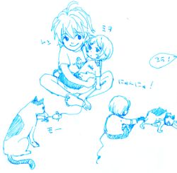 Rule 34 | 1boy, 1girl, animal, ayanami rei, barefoot, blue theme, cable, cat, full body, holding, indian style, lowres, lrk, monochrome, nagisa kaworu, neon genesis evangelion, on lap, simple background, sitting, soles, spread legs, toes, translation request, white background