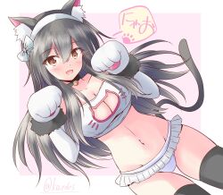 Rule 34 | 1girl, animal ears, animal hands, bikini, black hair, black thighhighs, breasts, brown eyes, cat cutout, cat ears, cat tail, cleavage cutout, clothing cutout, frilled bikini, frills, gloves, hair ornament, hairclip, haruna (kancolle), highres, kantai collection, large breasts, long hair, one-hour drawing challenge, paw gloves, paw pose, shizuna kaede, smile, solo, swimsuit, tail, thighhighs, white bikini