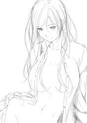Rule 34 | 00s, 1girl, breasts, female focus, greyscale, hand on own hip, highres, large breasts, looking at viewer, monochrome, niwatazumi, no panties, open clothes, open shirt, original, shirt, simple background, sketch, smile, solo