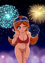 Rule 34 | 1girl, bottomless, breasts, cleft of venus, fireworks, gradient background, highres, large breasts, looking at viewer, mona (warioware), nintendo, one eye closed, outdoors, pussy, sigurd hosenfeld, sky, solo, third-party edit, uncensored, warioware, wink